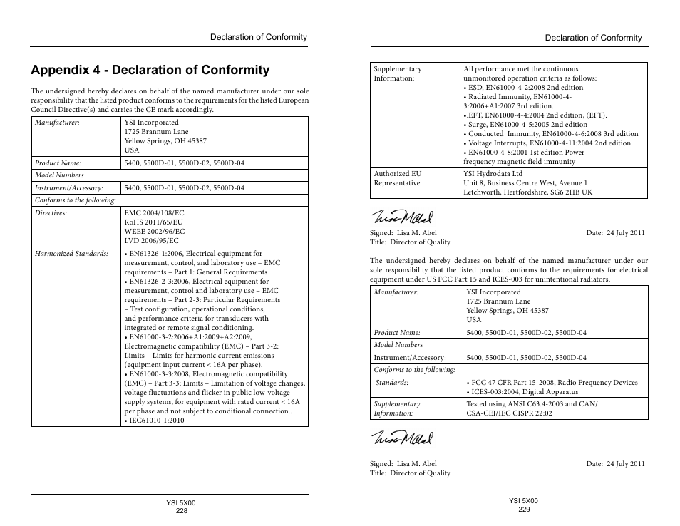 Appendix 4 - declaration of conformity | YSI 5500D-1 User Manual | Page 115 / 127