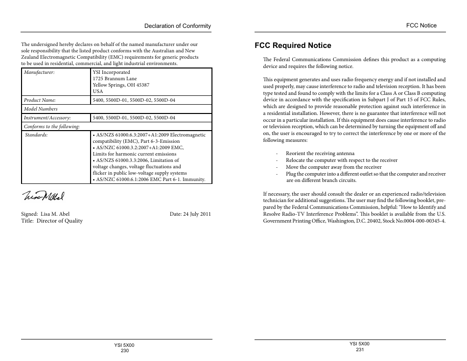 Fcc required notice | YSI 5500D-1 User Manual | Page 116 / 127