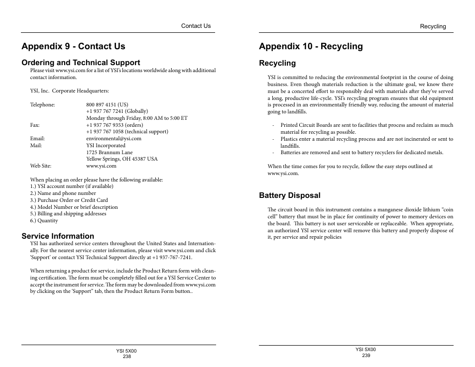 Appendix 9 - contact us, Ordering and technical support, Service information | Appendix 10 - recycling, Recycling, Battery disposal | YSI 5500D-1 User Manual | Page 120 / 127