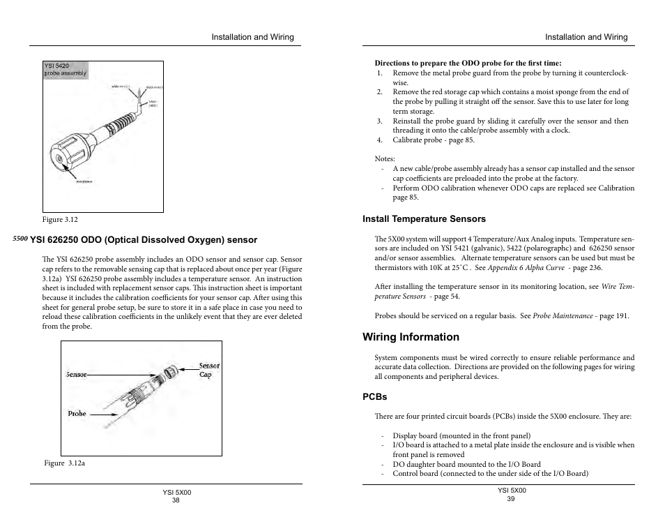 Ysi 626250 odo (optical dissolved oxygen) sensor, Install temperature sensors, Wiring information | Pcbs | YSI 5500D-1 User Manual | Page 20 / 127