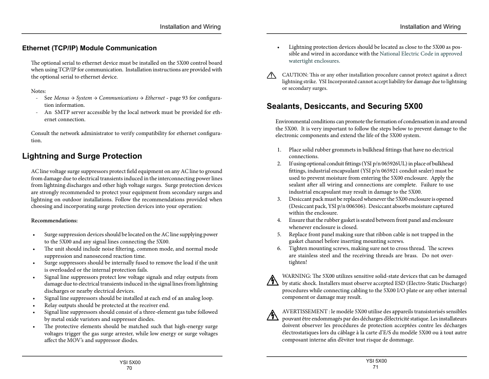 Ethernet (tcp/ip) module communication, Lightning and surge protection, Sealants, desiccants, and securing 5x00 | YSI 5500D-1 User Manual | Page 36 / 127