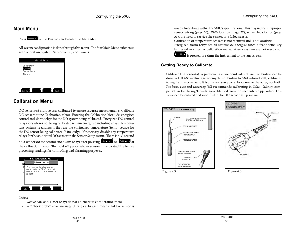 Main menu, Calibration menu, Getting ready to calibrate | YSI 5500D-1 User Manual | Page 42 / 127