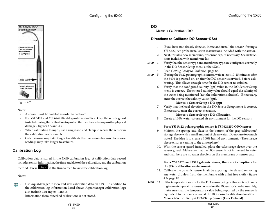 Calibration log, Directions to calibrate do sensor %sat | YSI 5500D-1 User Manual | Page 43 / 127