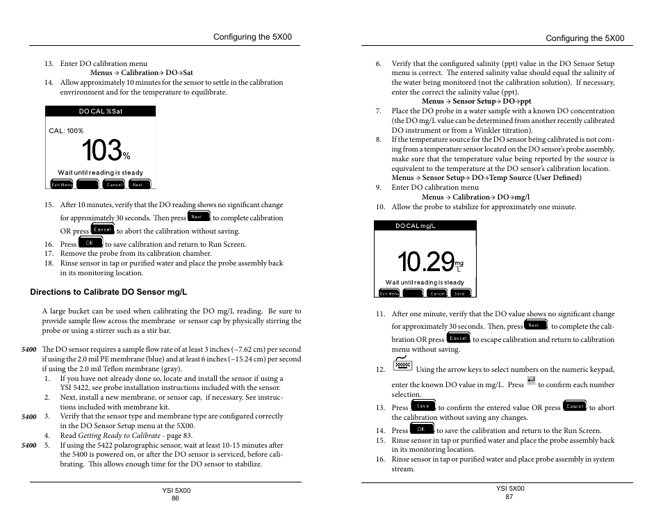 Directions to calibrate do sensor mg/l | YSI 5500D-1 User Manual | Page 44 / 127