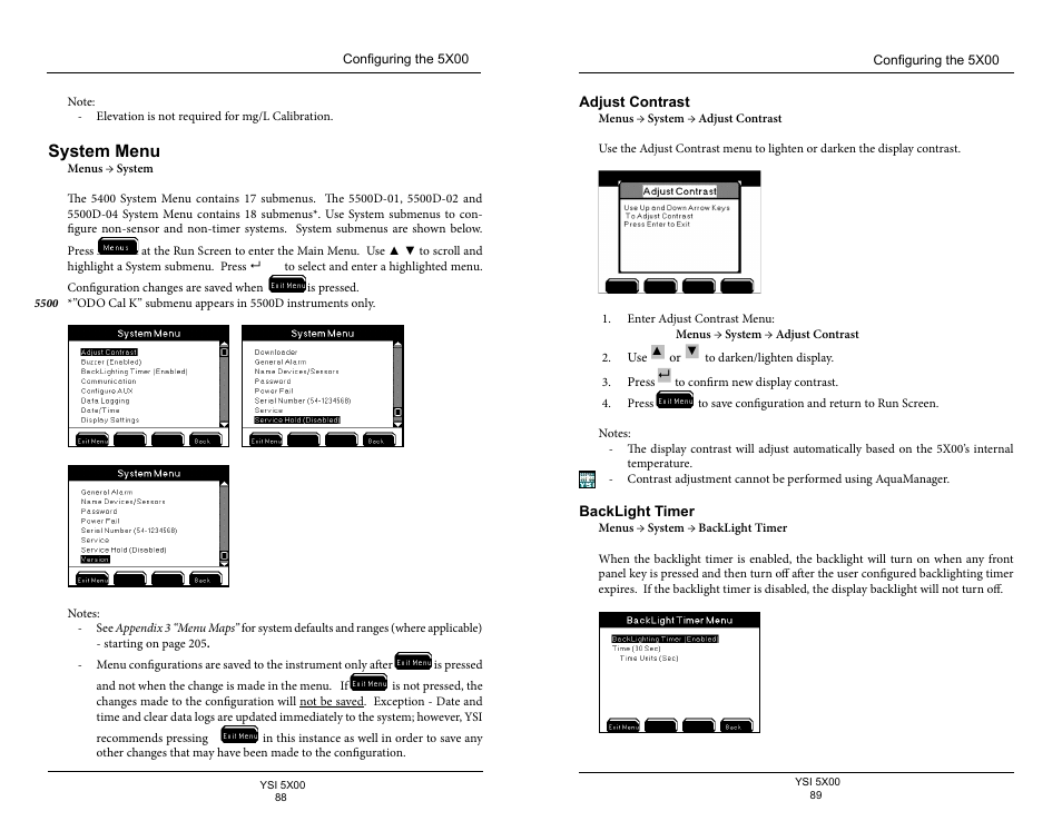System menu, Adjust contrast, Backlight timer | YSI 5500D-1 User Manual | Page 45 / 127