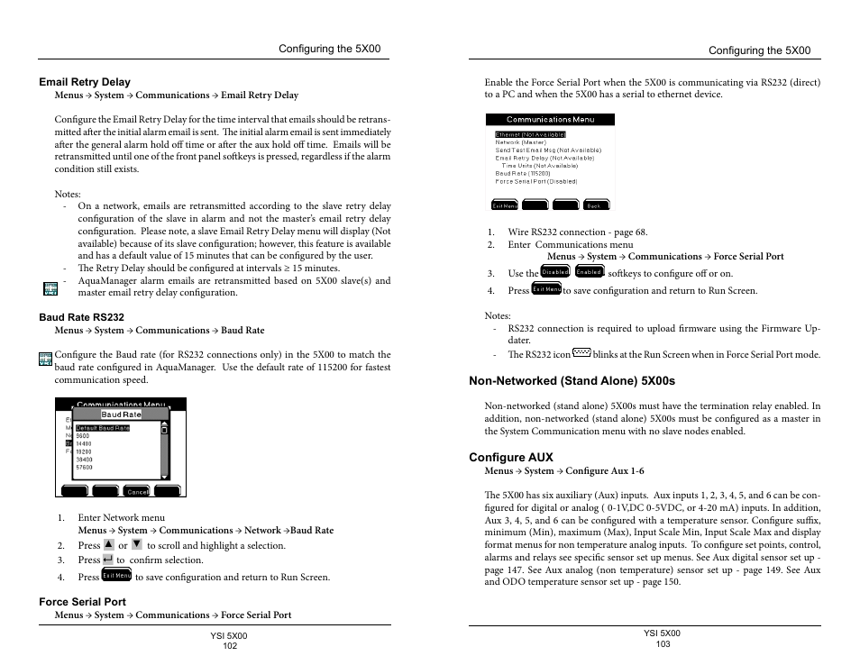 Email retry delay, Force serial port, Non-networked (stand alone) 5x00s | Configure aux | YSI 5500D-1 User Manual | Page 52 / 127