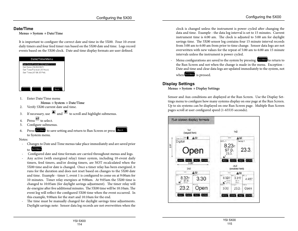 Date/time, Display settings, 115 a | YSI 5500D-1 User Manual | Page 58 / 127