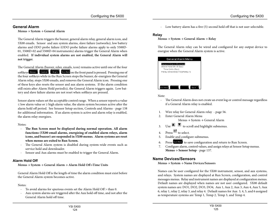 General alarm, Alarm hold off, Relay | Name devices/sensors | YSI 5500D-1 User Manual | Page 63 / 127