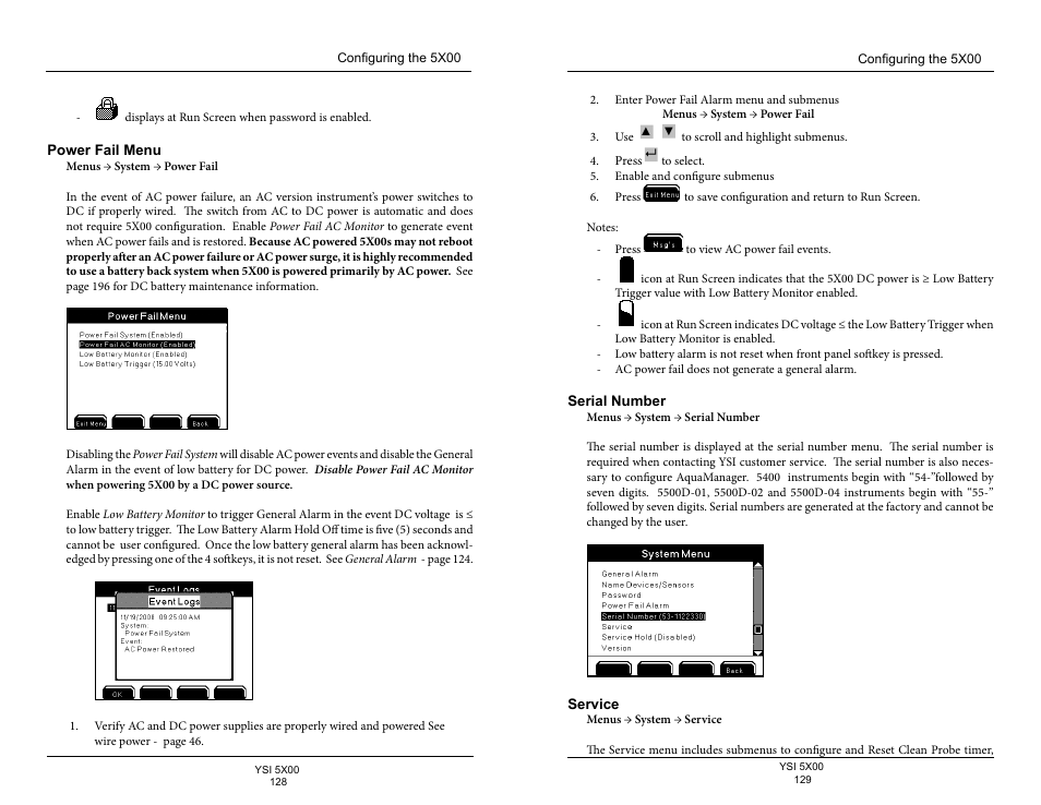Power fail menu, Serial number, Service | YSI 5500D-1 User Manual | Page 65 / 127