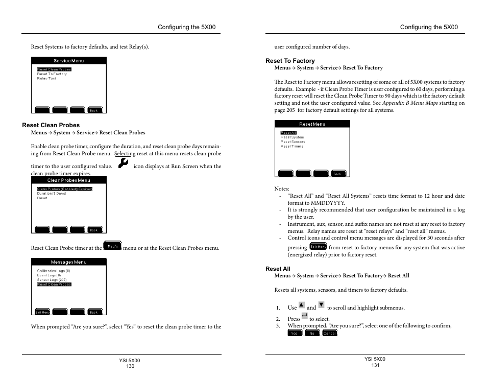 Reset clean probes, Reset to factory | YSI 5500D-1 User Manual | Page 66 / 127