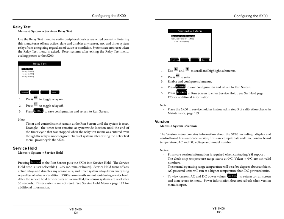 Relay test, Service hold, Version | YSI 5500D-1 User Manual | Page 68 / 127