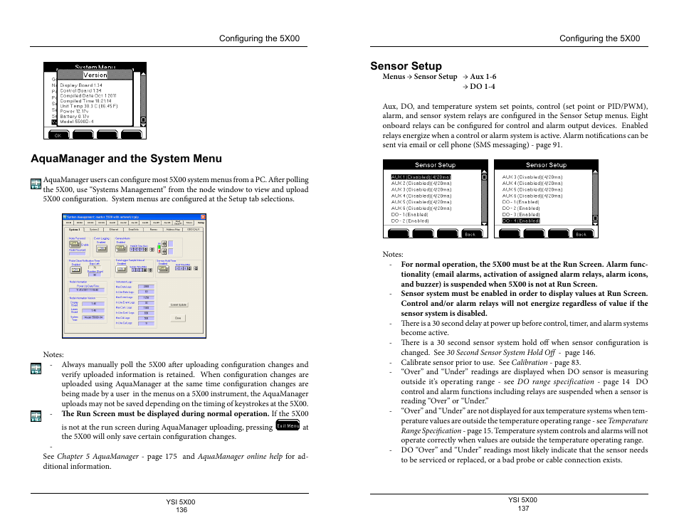 Aquamanager and the system menu, Sensor setup | YSI 5500D-1 User Manual | Page 69 / 127