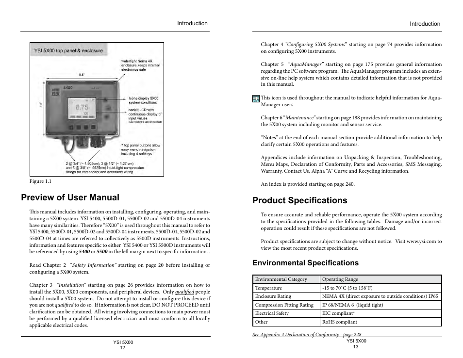 Preview of user manual, Product specifications, Environmental specifications | YSI 5500D-1 User Manual | Page 7 / 127