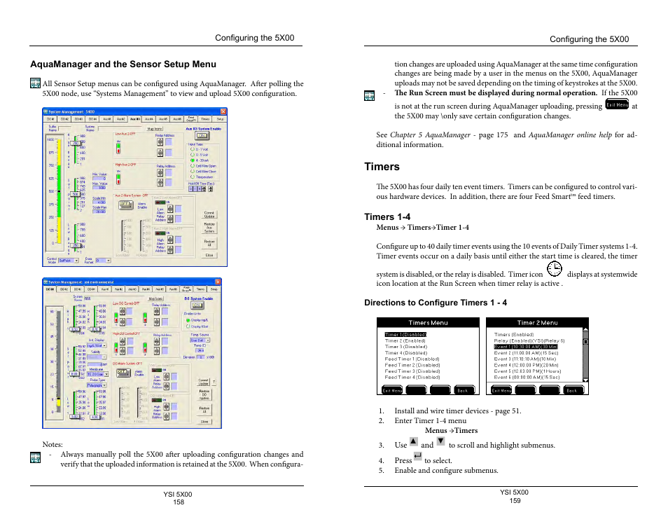 Aquamanager and the sensor setup menu, Timers, Timers 1-4 | Directions to configure timers 1 - 4 | YSI 5500D-1 User Manual | Page 80 / 127