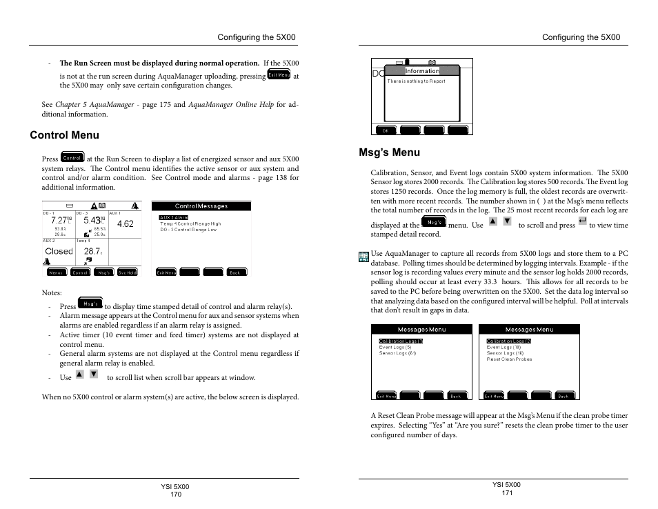 Control menu, Msg’s menu | YSI 5500D-1 User Manual | Page 86 / 127