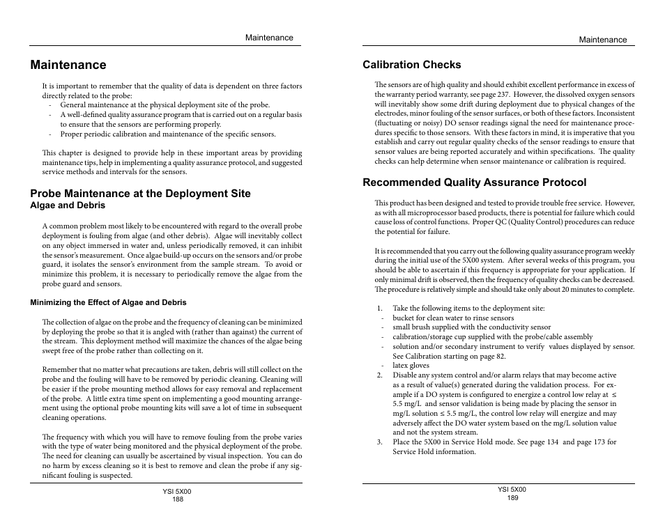 Maintenance, Probe maintenance at the deployment site, Algae and debris | Calibration checks, Recommended quality assurance protocol | YSI 5500D-1 User Manual | Page 95 / 127