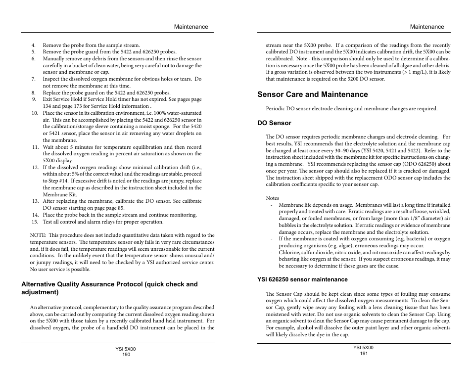 Sensor care and maintenance, Do sensor, Ysi 626250 sensor maintenance | YSI 5500D-1 User Manual | Page 96 / 127