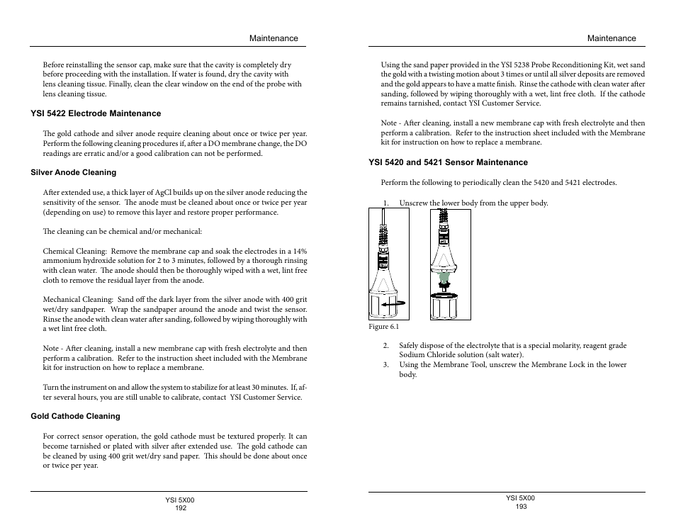 Ysi 5422 electrode maintenance, Ysi 5420 and 5421 sensor maintenance | YSI 5500D-1 User Manual | Page 97 / 127