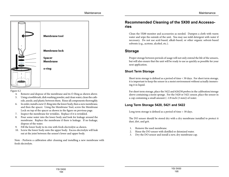 Recommended cleaning of the 5x00 and accessories, Storage, Short term storage | Long term storage 5420, 5421 and 5422, Recommended cleaning of the 5x00 and accesso- ries | YSI 5500D-1 User Manual | Page 98 / 127