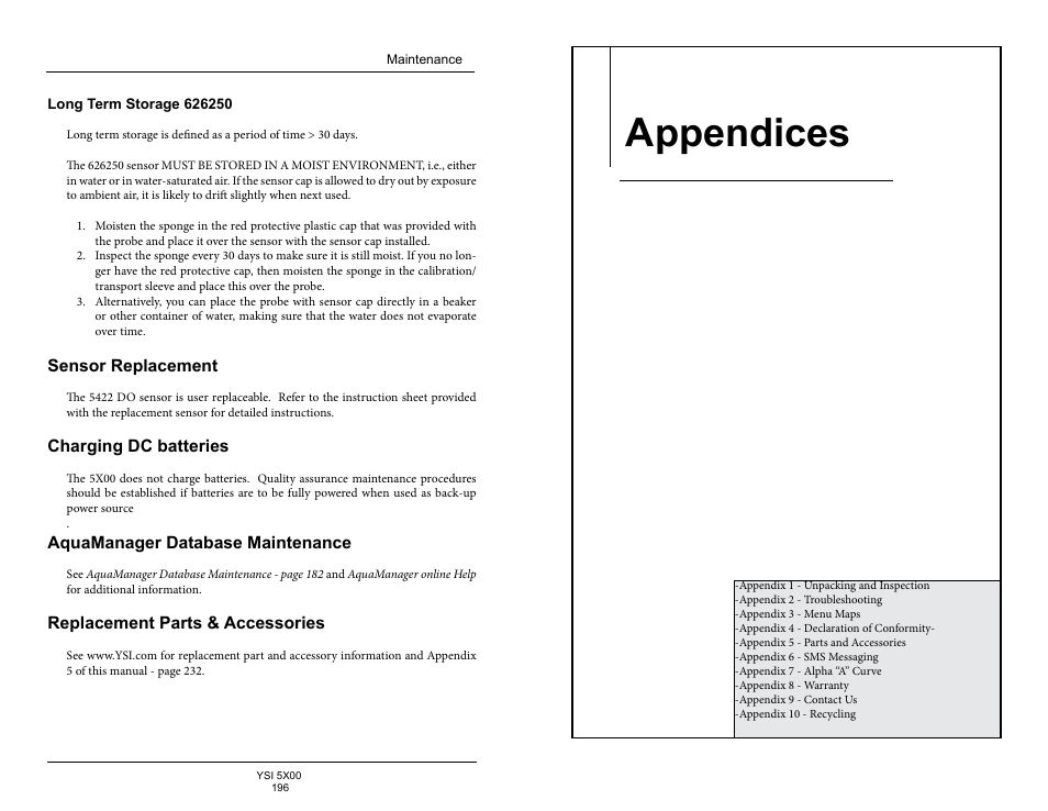 Long term storage 626250, Sensor replacement, Charging dc batteries | Aquamanager database maintenance, Replacement parts & accessories, Appendices | YSI 5500D-1 User Manual | Page 99 / 127
