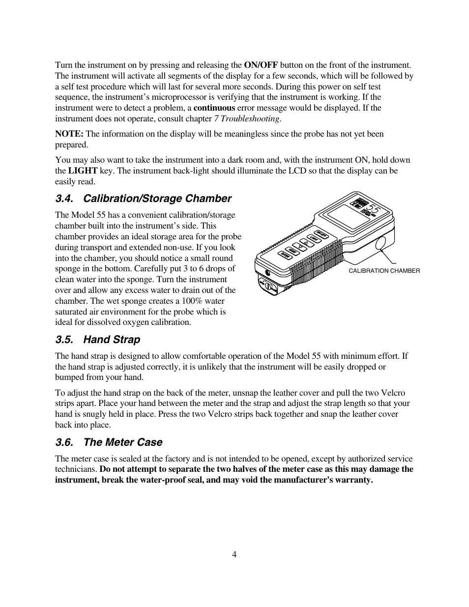 Calibration/storage chamber, Hand strap, The meter case | YSI 55 User Manual | Page 8 / 26