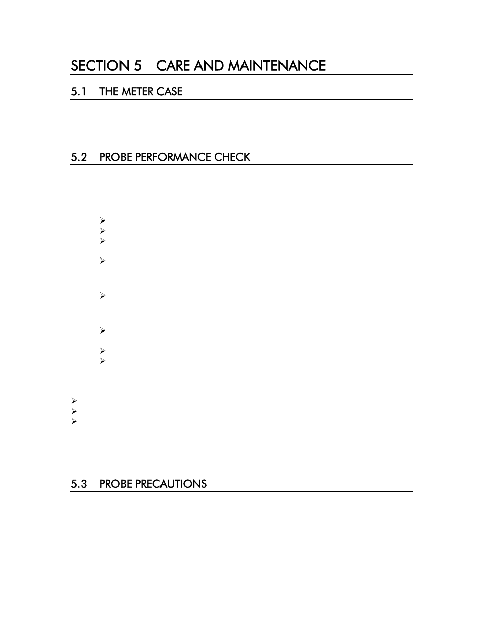 Section 5 care and maintenance, 1 the meter case, 2 probe performance check | 3 probe precautions, Section 5, Care and maintenance, 1 the meter case 5.2 probe, Performance check, 3 probe, Precautions | YSI 58 User Manual | Page 21 / 40