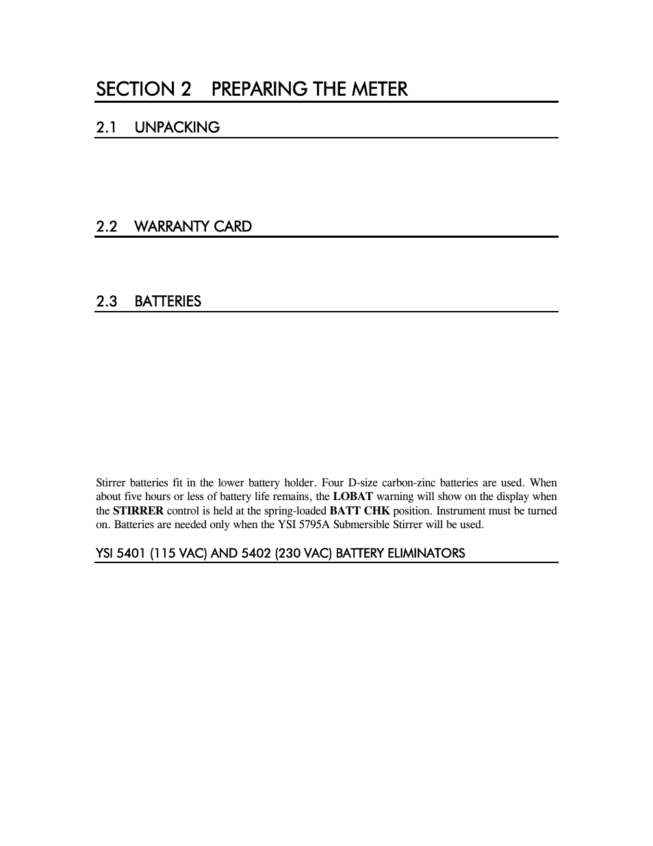 Section 2 preparing the meter, 1 unpacking, 2 warranty card | 3 batteries, Section 2, Preparing the meter, 1 unpacking 2.2 warranty, Card | YSI 58 User Manual | Page 6 / 40