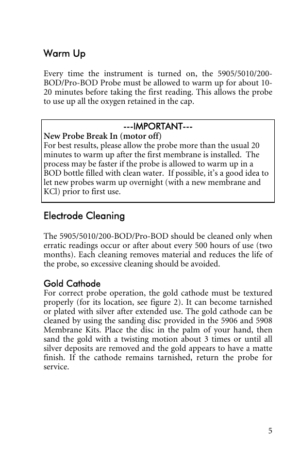 Warm up, Electrode cleaning | YSI Pro-BOD User Manual | Page 7 / 22