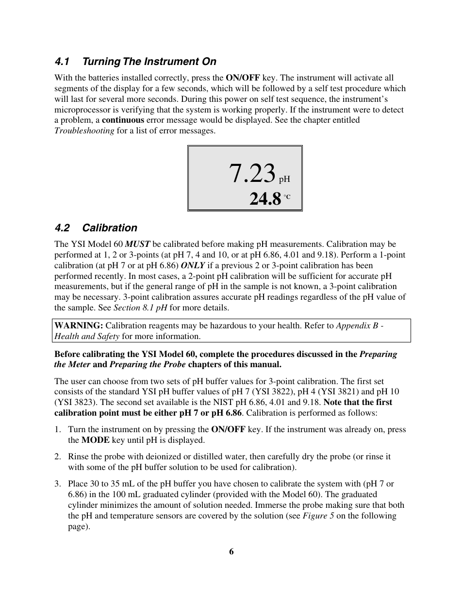 Turning the instrument on, Calibration, 1 turning the instrument on 4.2 calibration | YSI 60 User Manual | Page 10 / 33