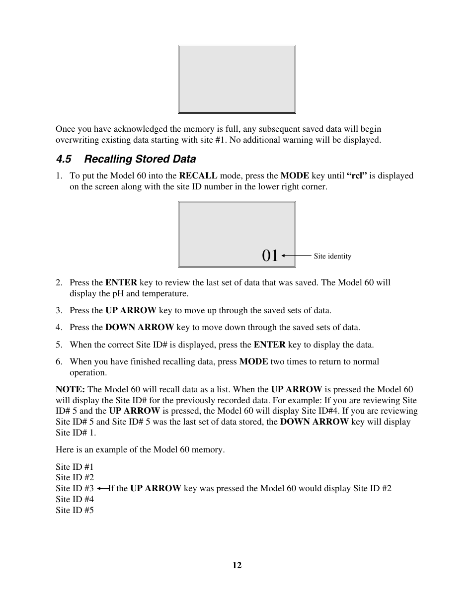 Recalling stored data, 5 recalling stored data, Full | YSI 60 User Manual | Page 16 / 33