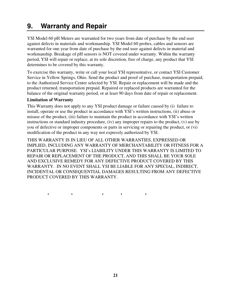 Warranty and repair, Return system for service (pg 21), Return the system for service (pg 21) | YSI 60 User Manual | Page 25 / 33
