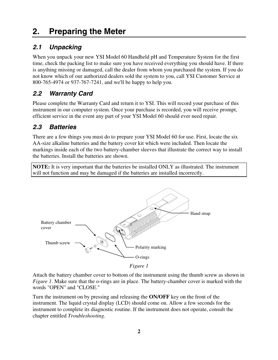 Preparing the meter, Unpacking, Warranty card | Batteries, 1 unpacking 2.2 warranty card 2.3 batteries | YSI 60 User Manual | Page 6 / 33