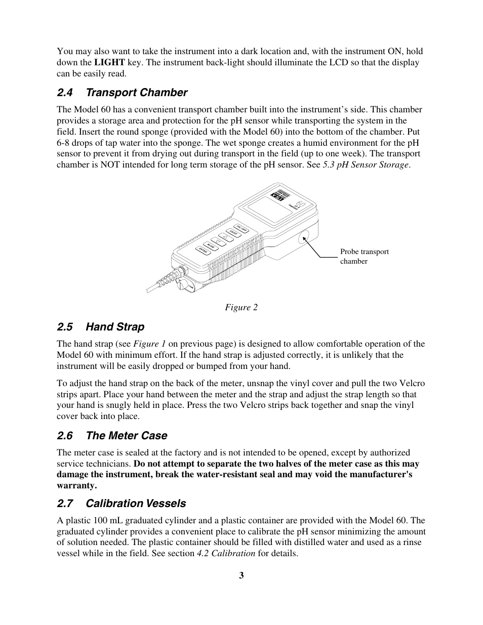 Transport chamber, Hand strap, The meter case | Calibration vessels | YSI 60 User Manual | Page 7 / 33