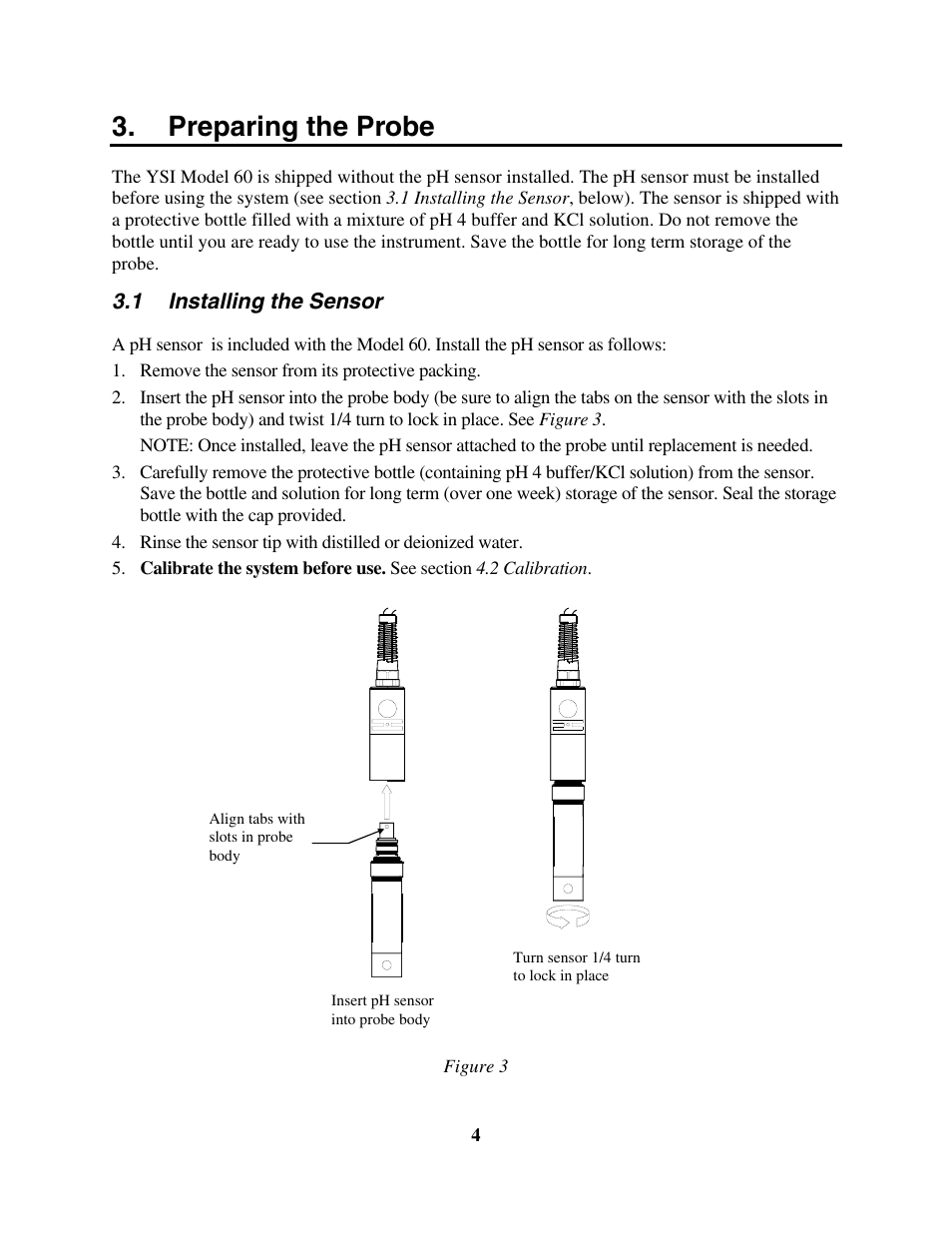 Preparing the probe, Installing the sensor, 1 installing the sensor | YSI 60 User Manual | Page 8 / 33