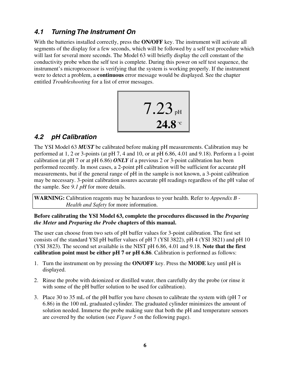 Turning the instrument on, Ph calibration, 1 turning the instrument on 4.2 ph calibration | YSI 63 User Manual | Page 10 / 46