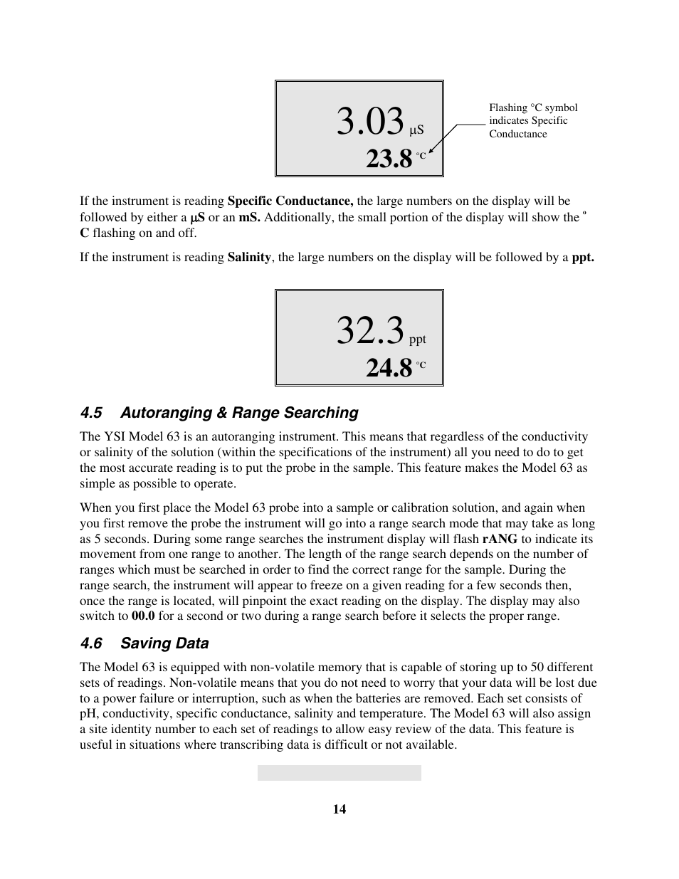 Autoranging & range searching, Saving data, 5 autoranging & range searching 4.6 saving data | YSI 63 User Manual | Page 18 / 46