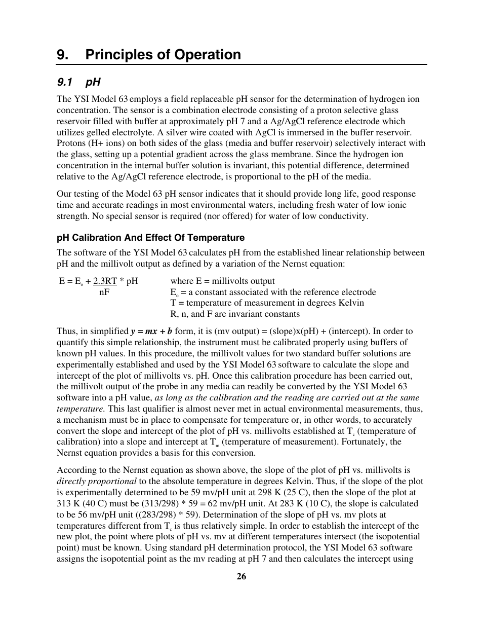 Principles of operation, Ph calibration and effect of temperature, 1 ph | 1 ph for more details | YSI 63 User Manual | Page 30 / 46