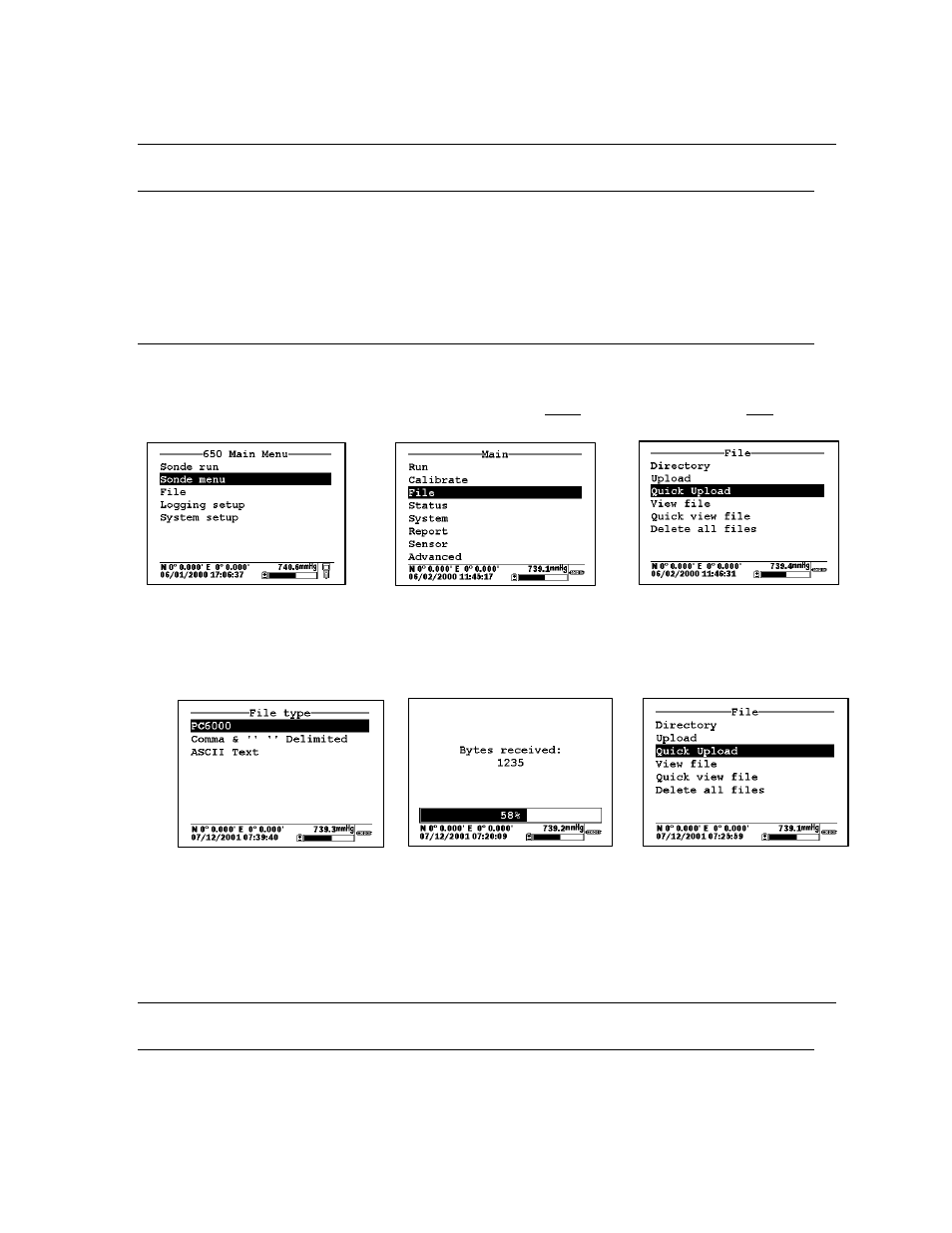 Section 7 uploading data from sondes, 1 introduction, 2 upload procedure | Section 8 using gps with the 650, 1 setting up the gps-650 interface | YSI 650 MDS User Manual | Page 55 / 72