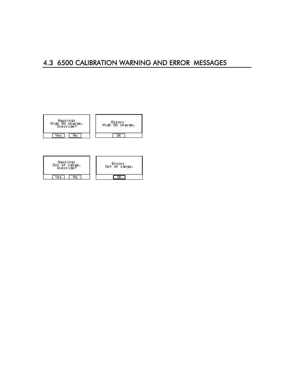 3 6500 calibration warning and error messages | YSI 6500 Environmental Process Monitor User Manual | Page 45 / 113