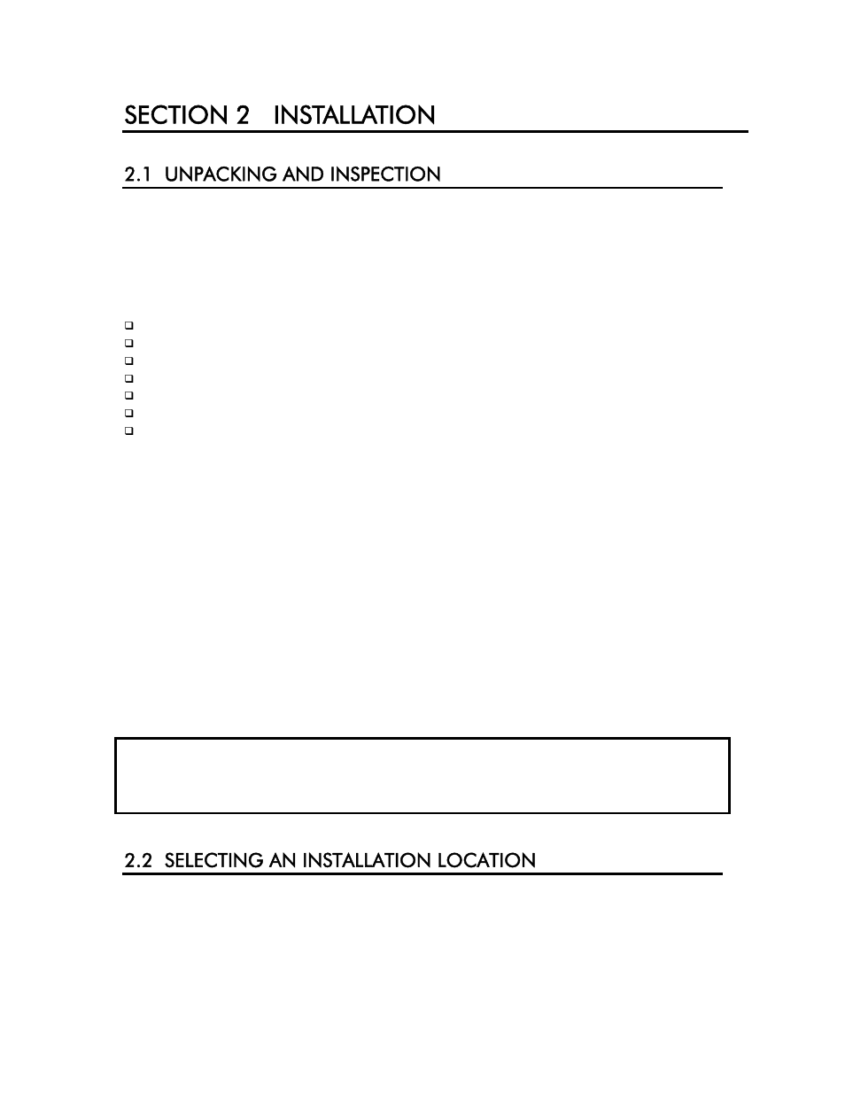 Section 2 installation, 1 unpacking and inspection, 2 selecting an installation location | YSI 6500 Environmental Process Monitor User Manual | Page 7 / 113