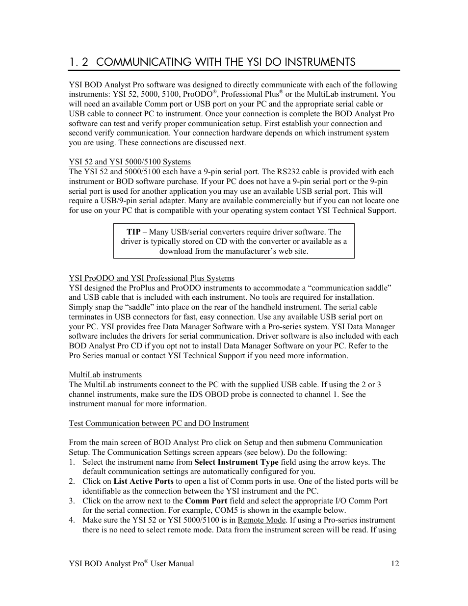 2 communicating with the ysi do instruments | YSI BOD Analyst Pro User Manual | Page 12 / 96