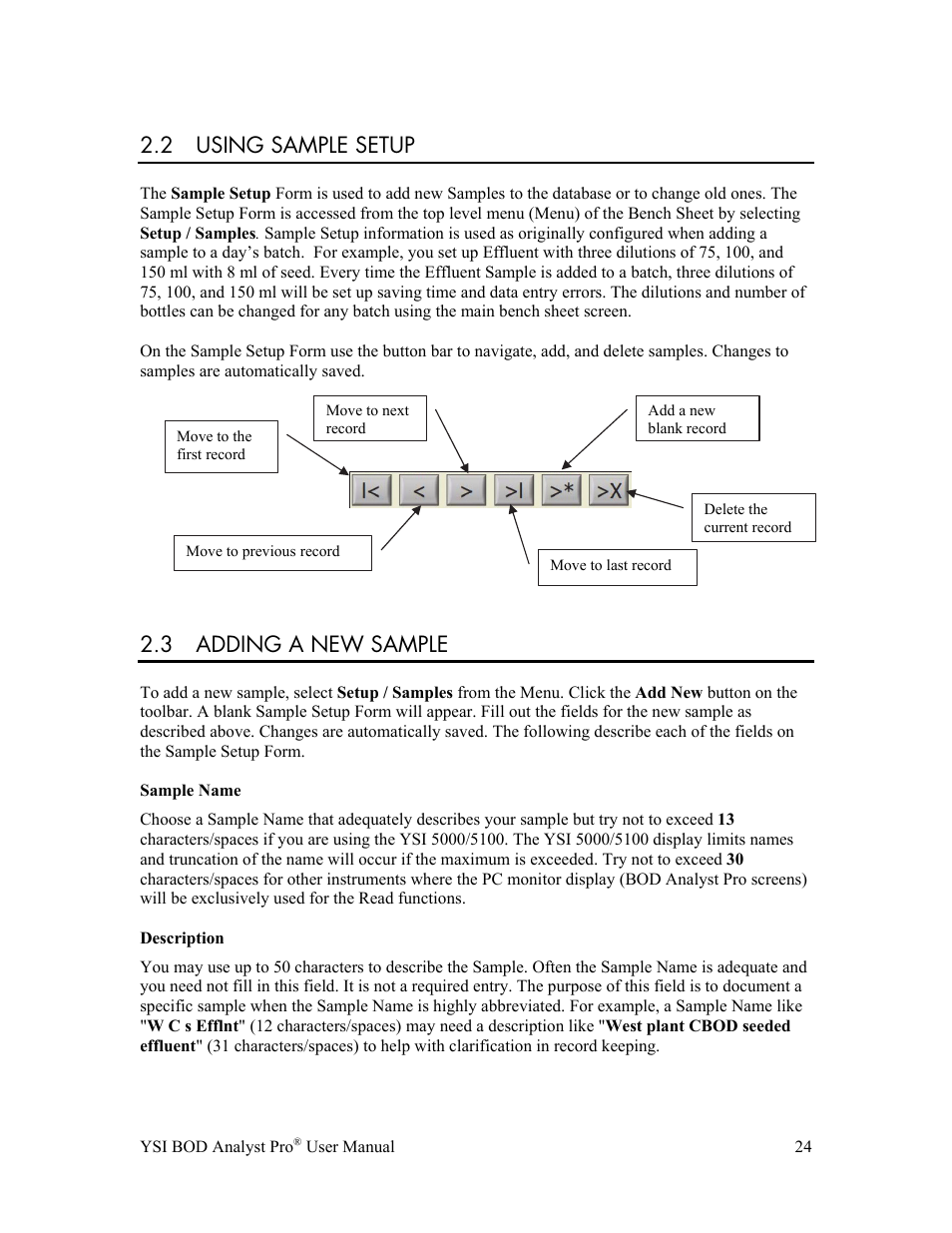 2 using sample setup, 3 adding a new sample | YSI BOD Analyst Pro User Manual | Page 24 / 96