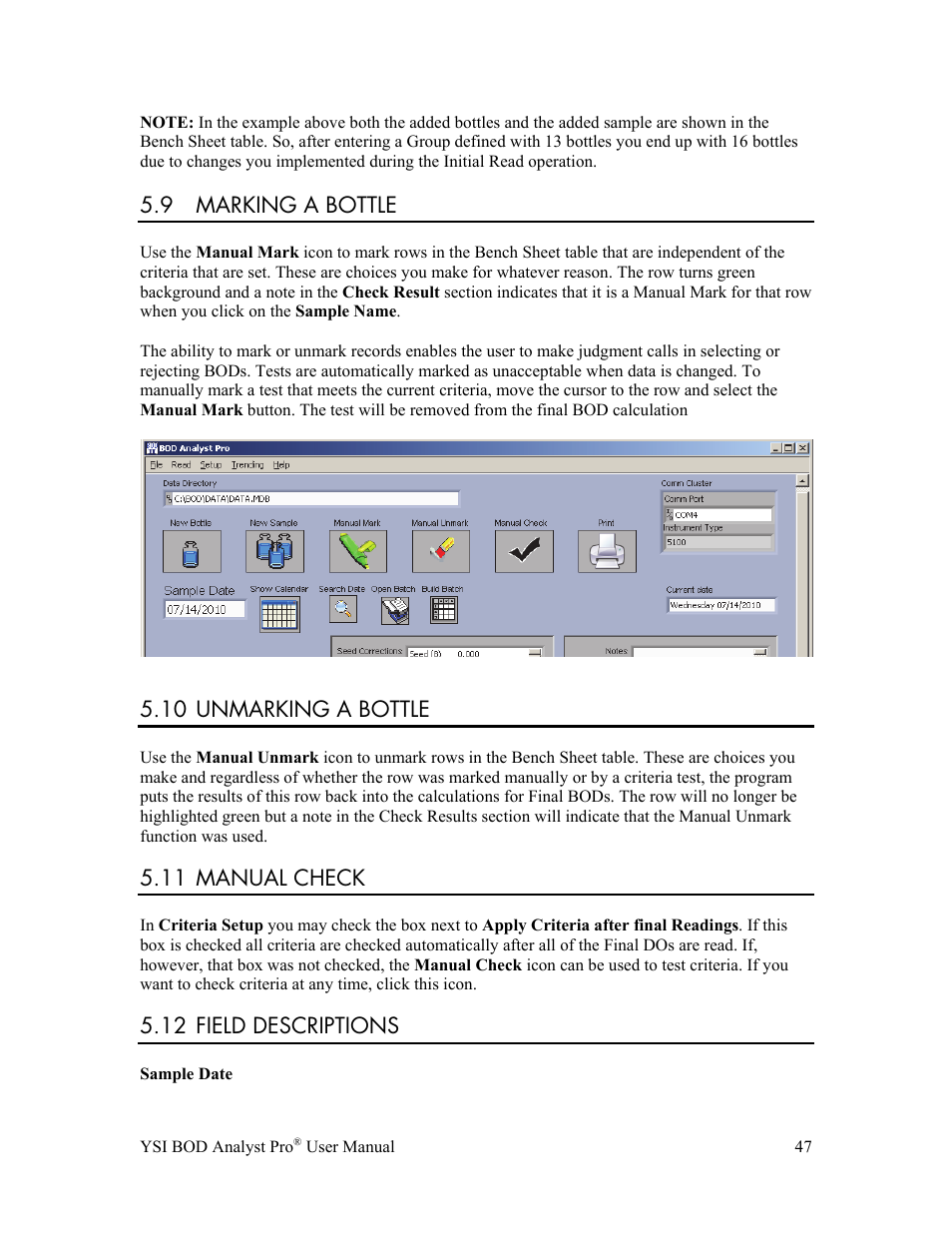 9 marking a bottle, 10 unmarking a bottle, 11 manual check | 12 field descriptions | YSI BOD Analyst Pro User Manual | Page 47 / 96