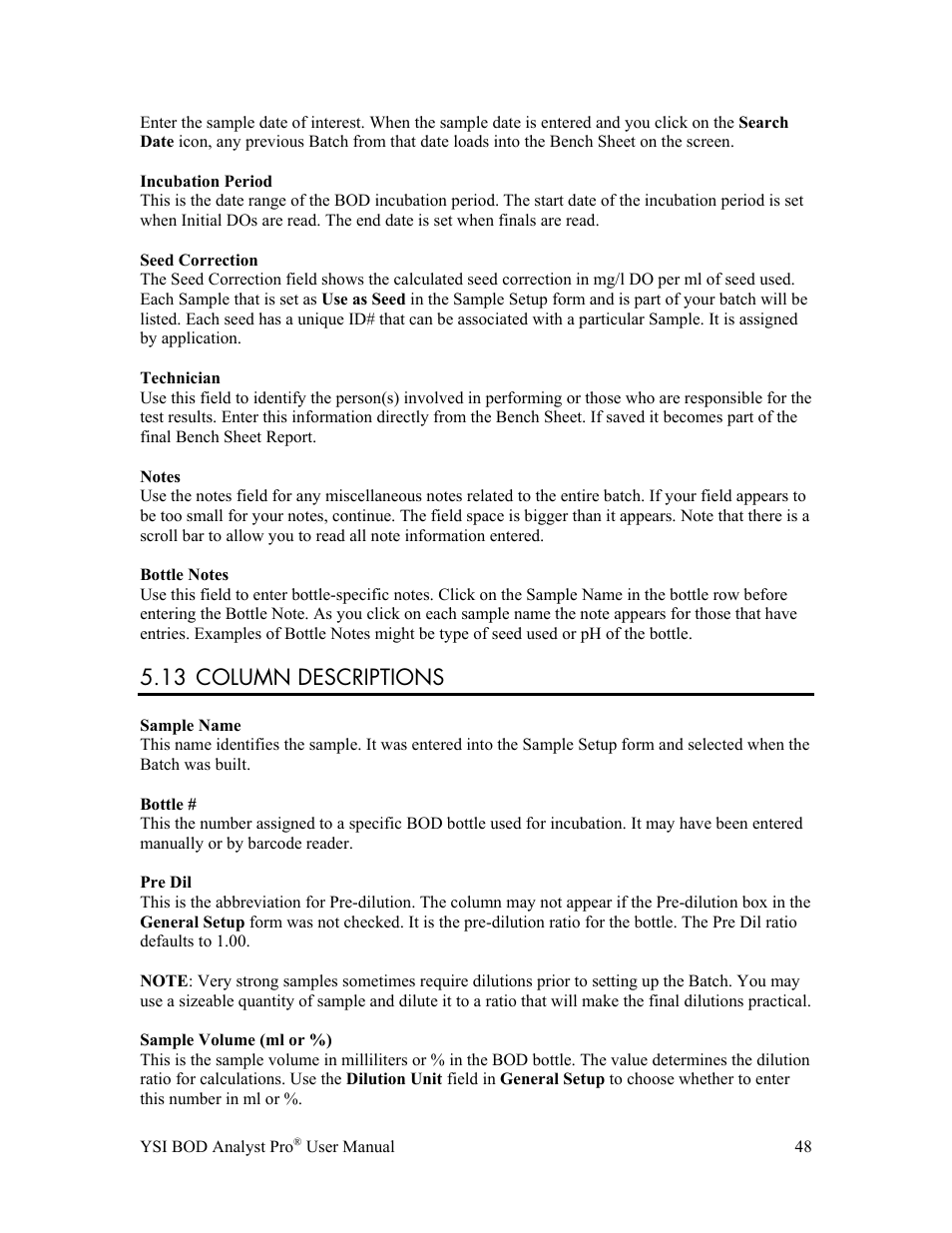 13 column descriptions | YSI BOD Analyst Pro User Manual | Page 48 / 96
