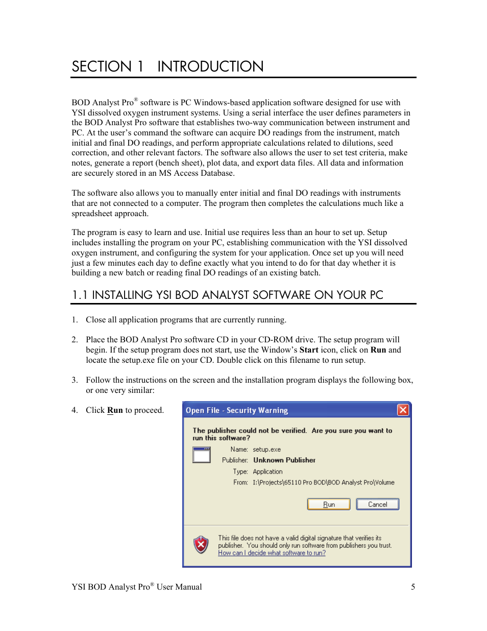 1 installing ysi bod analyst software on your pc | YSI BOD Analyst Pro User Manual | Page 5 / 96