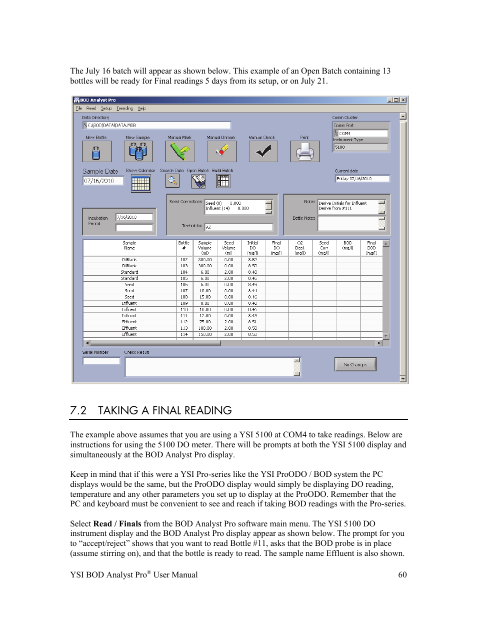 2 taking a final reading | YSI BOD Analyst Pro User Manual | Page 60 / 96