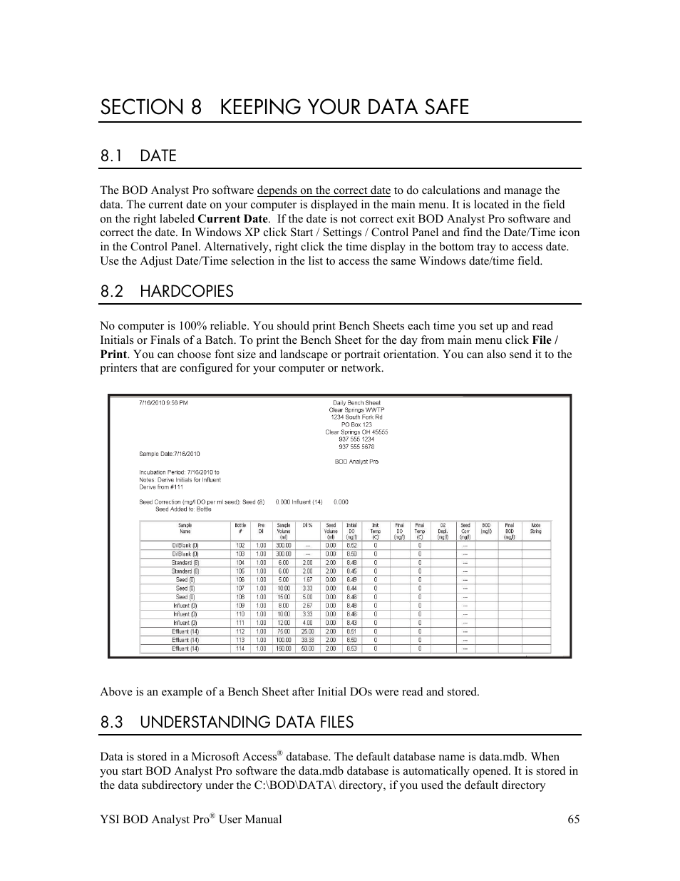 1 date, 2 hardcopies, 3 understanding data files | YSI BOD Analyst Pro User Manual | Page 65 / 96
