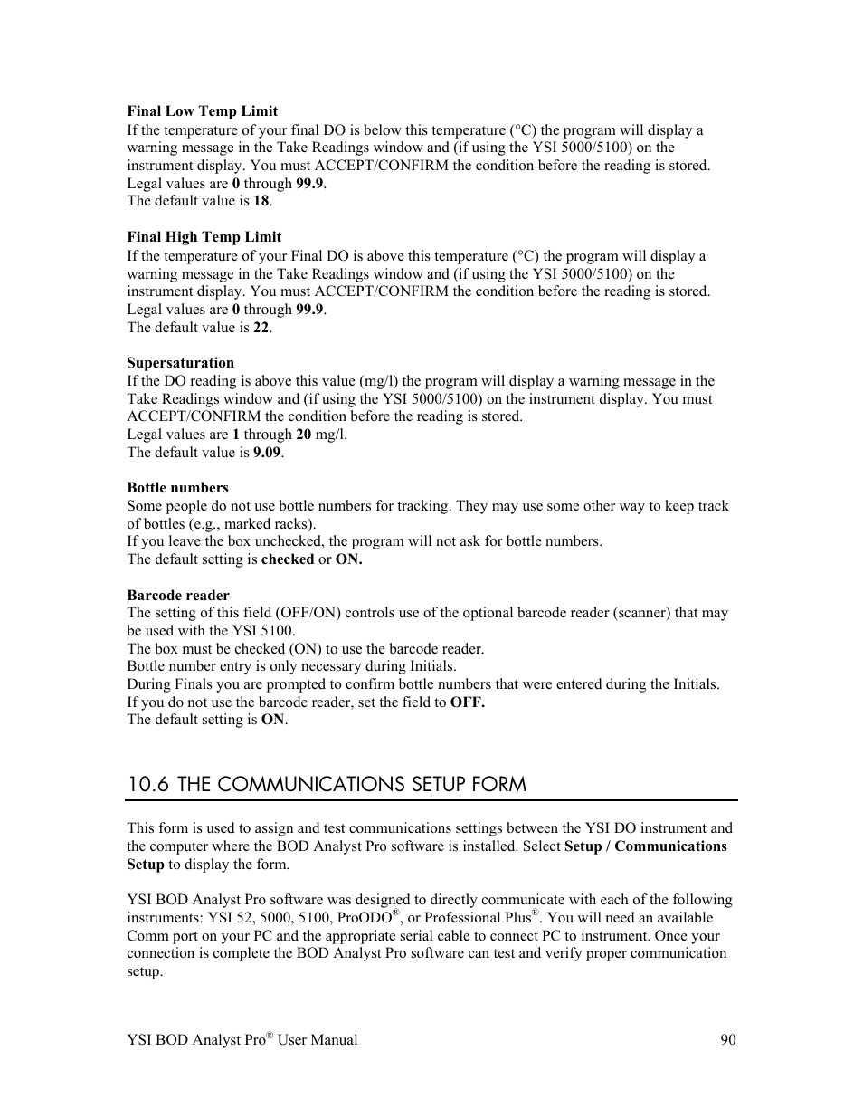 6 the communications setup form | YSI BOD Analyst Pro User Manual | Page 90 / 96