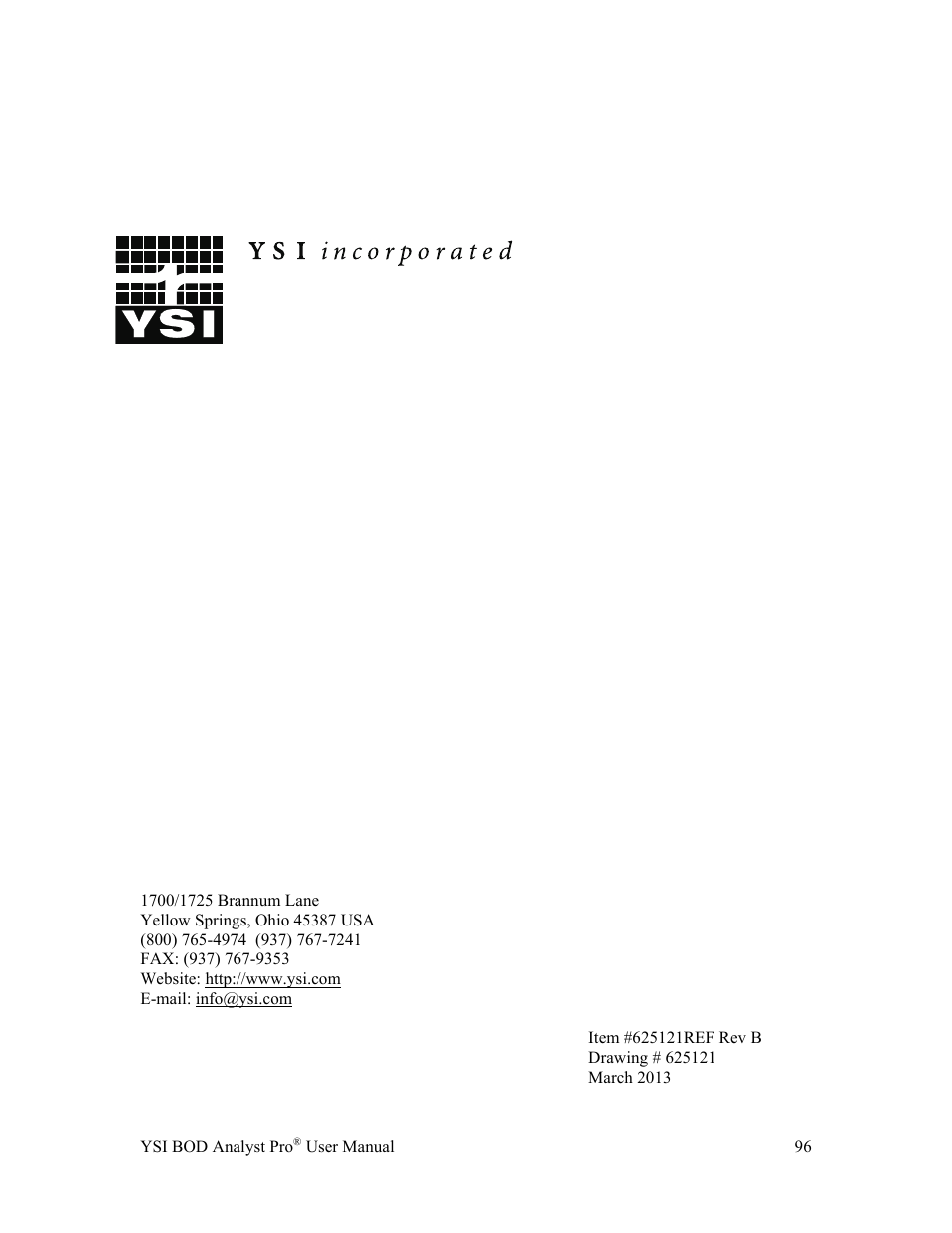 YSI BOD Analyst Pro User Manual | Page 96 / 96