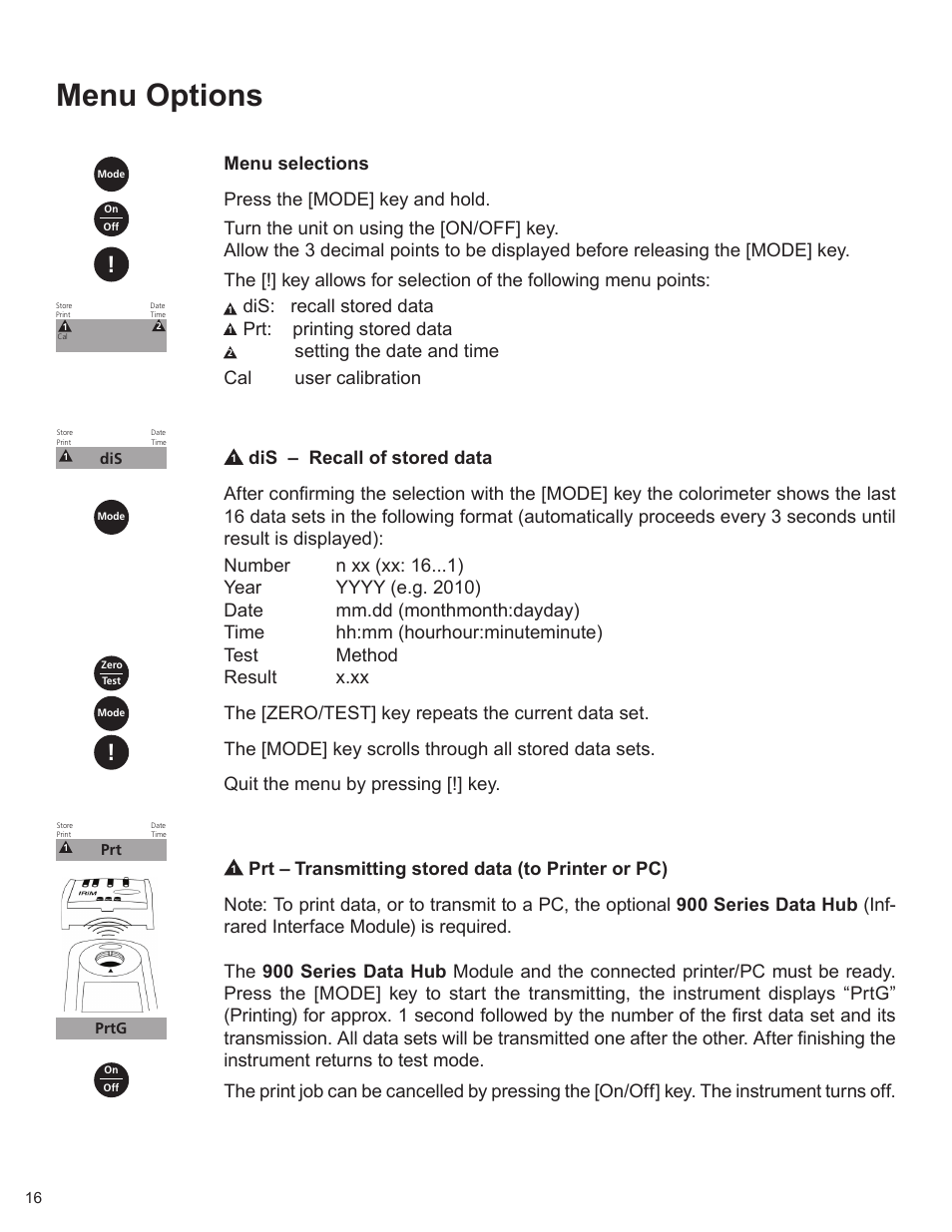 Menu options | YSI 900 Chlorine Colorimeter User Manual | Page 16 / 64